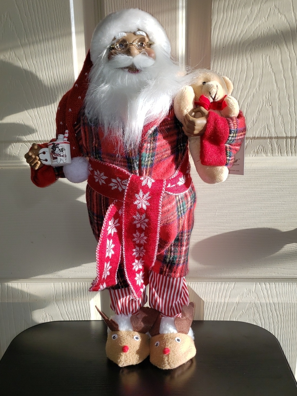 18" African American Black Red Plaid Santa Figurine Teddy  Reindeer Slippers